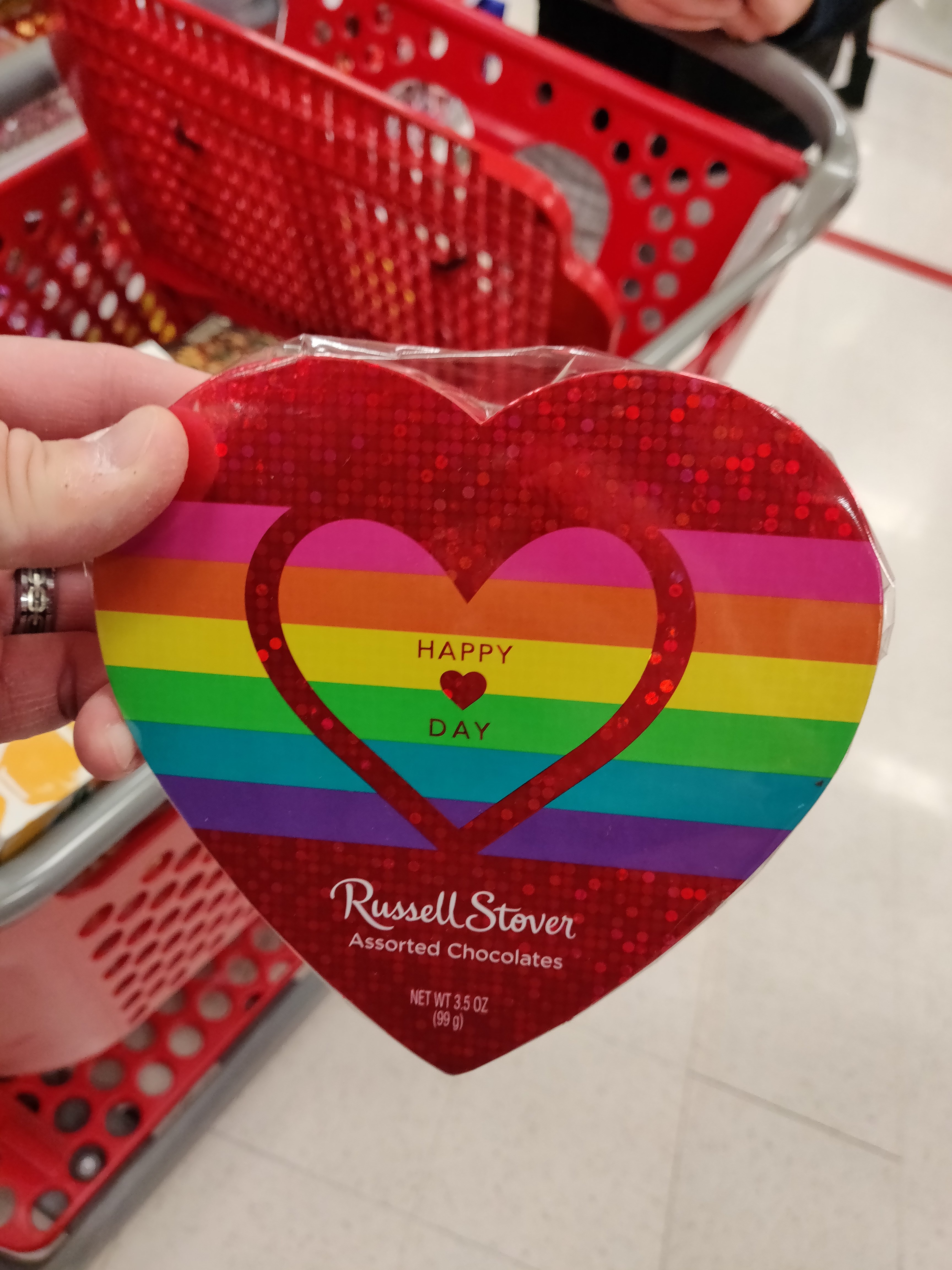 Russell Stover Valentine chocolates in rainbow colored packaging