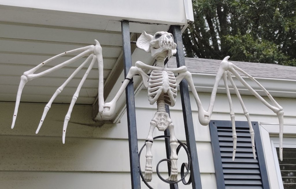 Large skeletal bat affixed to porch column.